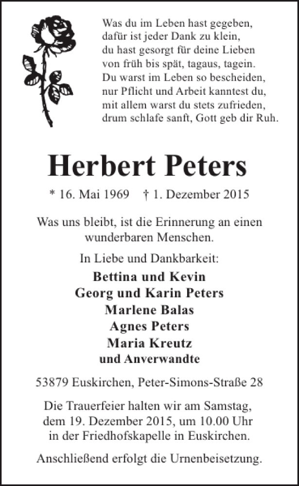  Traueranzeige für Herbert Peters vom 16.12.2015 aus WochenSpiegel