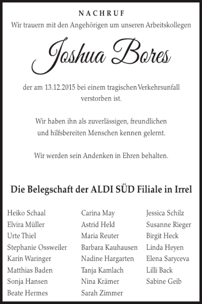  Traueranzeige für Joshua Bores vom 23.12.2015 aus WochenSpiegel