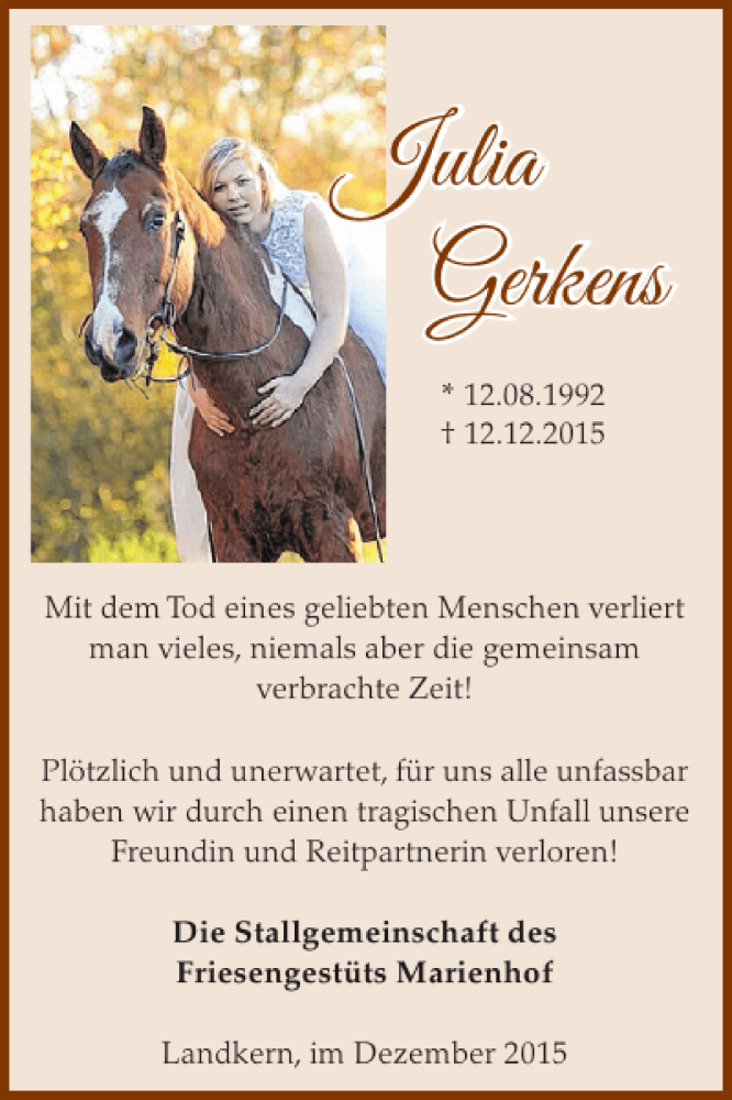  Traueranzeige für Julia Gerkens vom 16.12.2015 aus WochenSpiegel