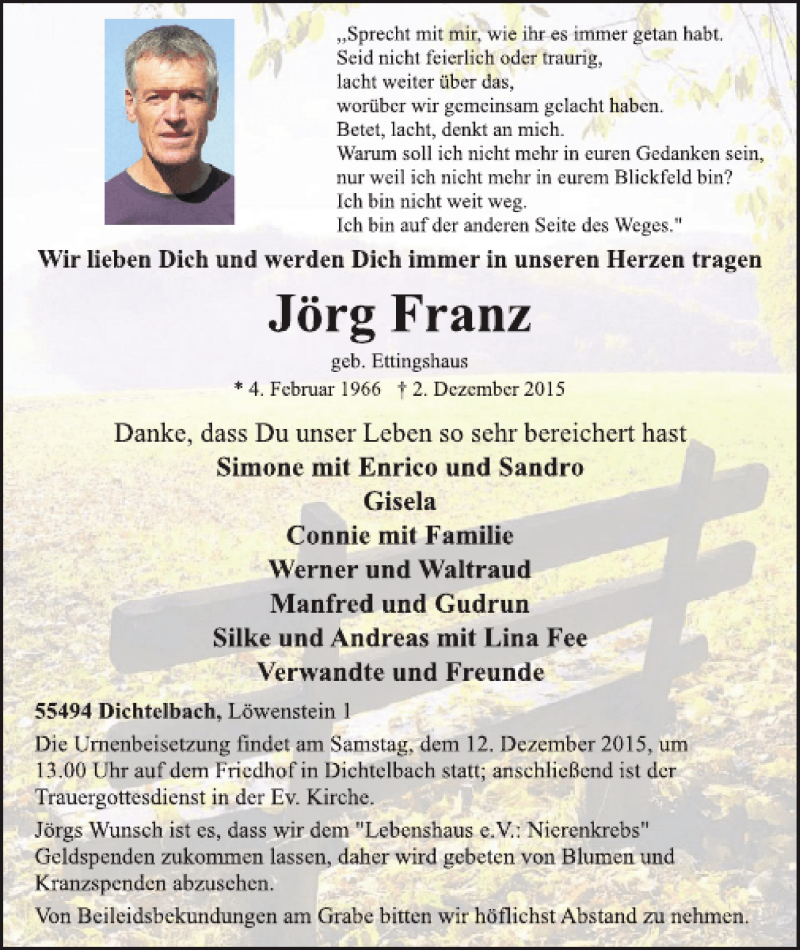  Traueranzeige für Jörg Franz vom 09.12.2015 aus WochenSpiegel