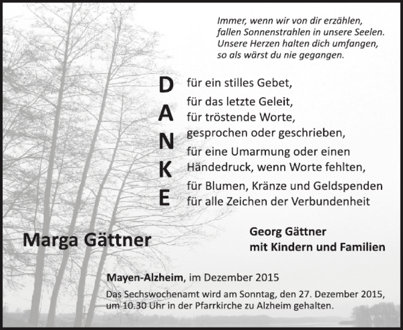  Traueranzeige für Marga Gättner vom 16.12.2015 aus WochenSpiegel