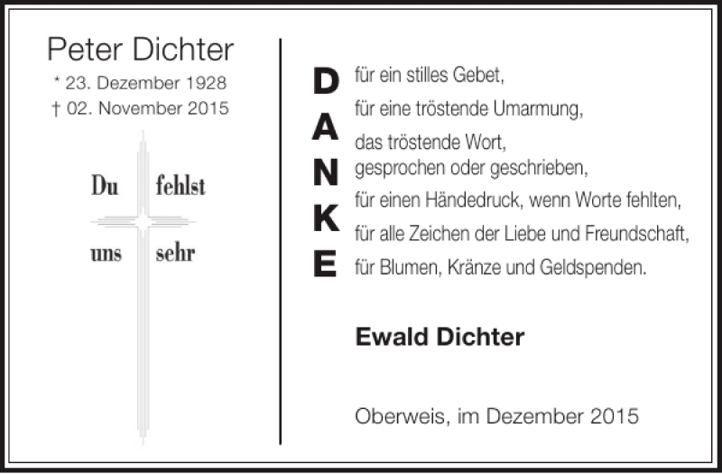 Traueranzeige für Peter Dichter vom 16.12.2015 aus WochenSpiegel