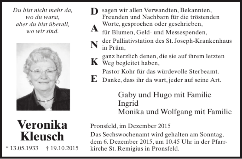  Traueranzeige für Veronika Kleusch vom 02.12.2015 aus WochenSpiegel