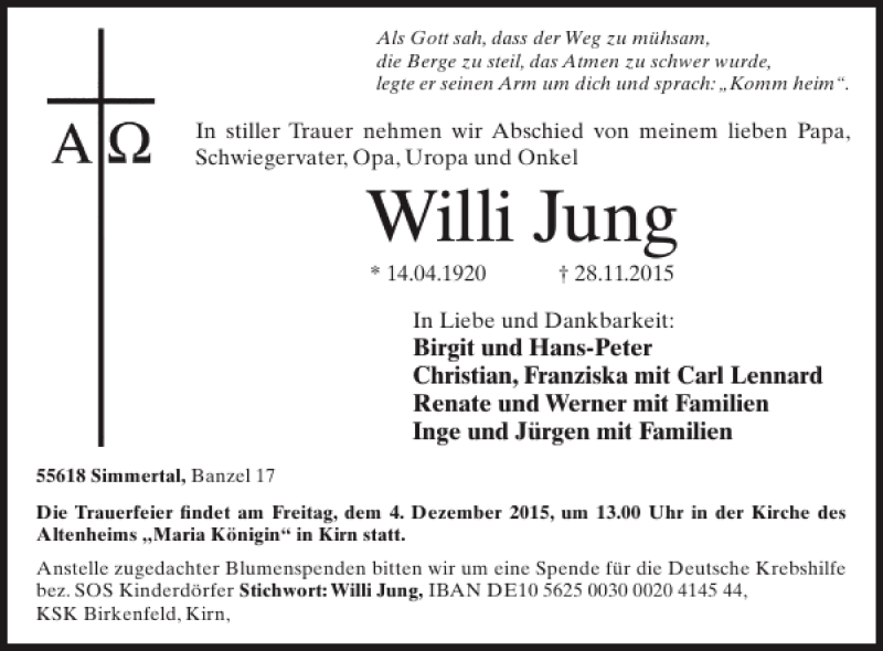  Traueranzeige für Willi Jung vom 02.12.2015 aus WochenSpiegel