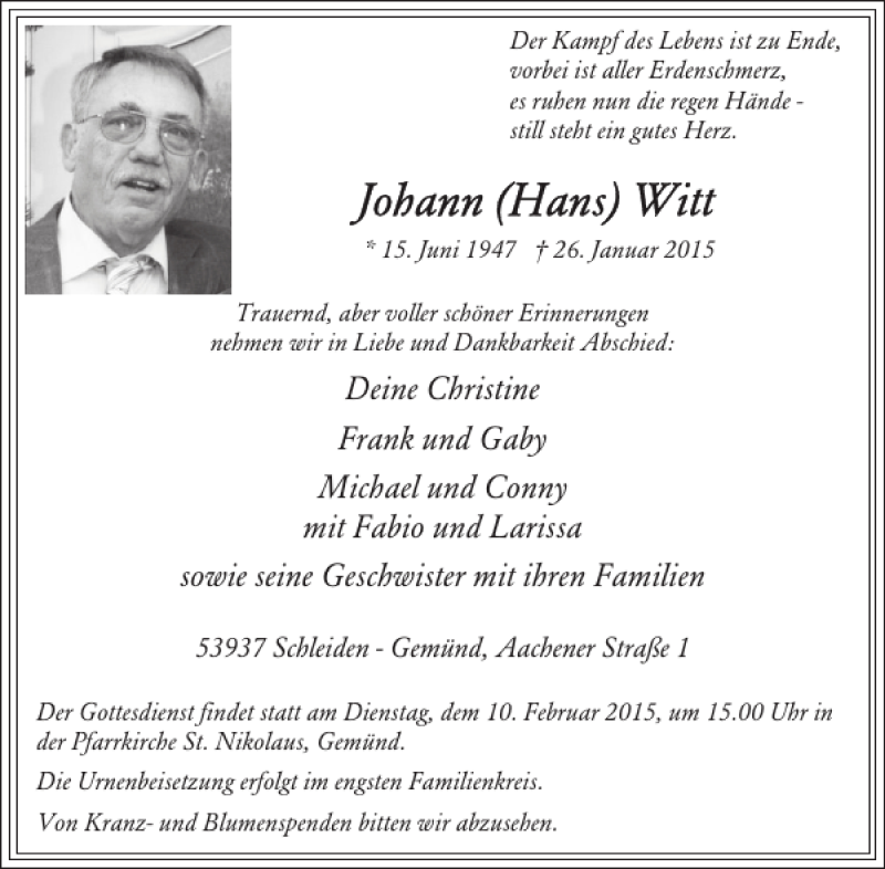  Traueranzeige für Johann (Hans) Witt vom 04.02.2015 aus WochenSpiegel
