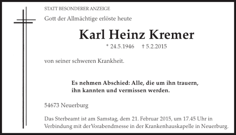  Traueranzeige für Karl Heinz Kremer vom 18.02.2015 aus WochenSpiegel