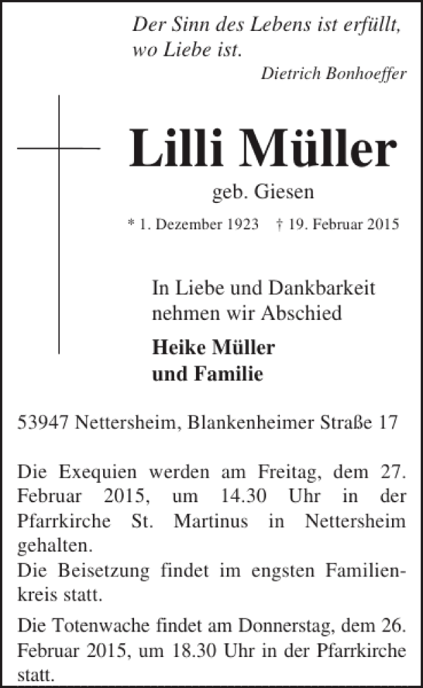  Traueranzeige für Lilli Müller vom 25.02.2015 aus WochenSpiegel