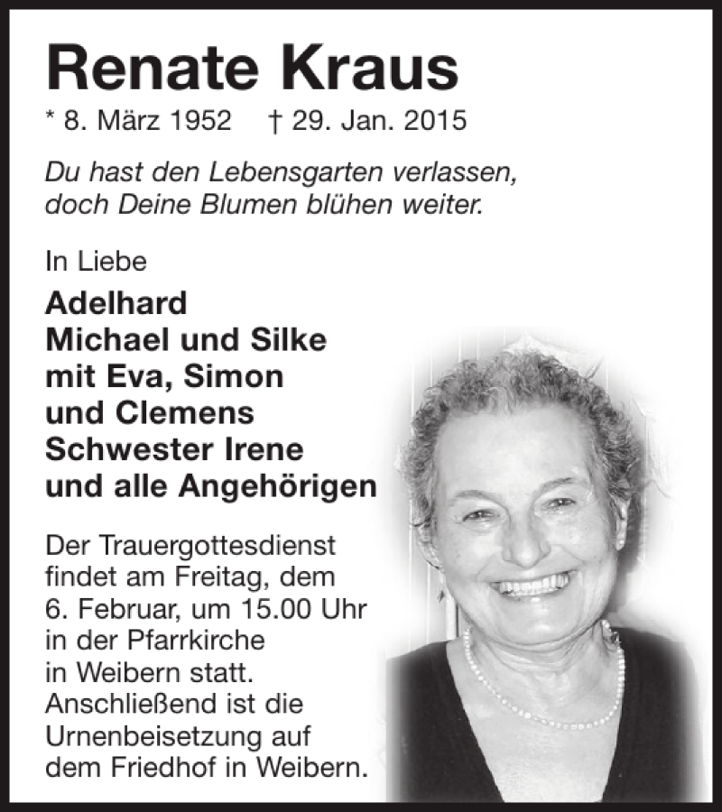  Traueranzeige für Renate Kraus vom 04.02.2015 aus WochenSpiegel