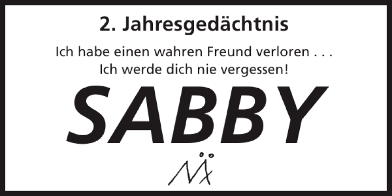  Traueranzeige für SABBY  vom 04.02.2015 aus WochenSpiegel