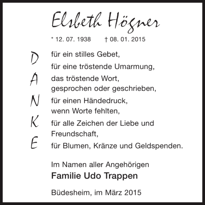  Traueranzeige für Elsbeth Högner vom 18.03.2015 aus WochenSpiegel