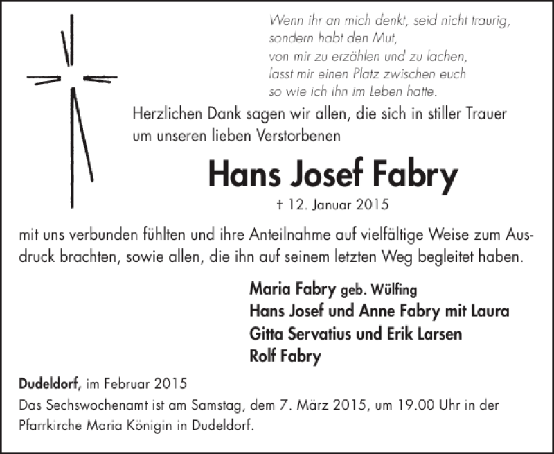  Traueranzeige für Hans Josef Fabry vom 04.03.2015 aus WochenSpiegel