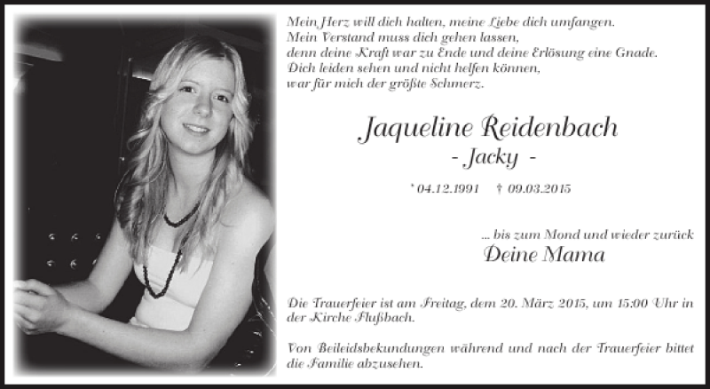  Traueranzeige für Jaqueline Reidenbach vom 18.03.2015 aus WochenSpiegel