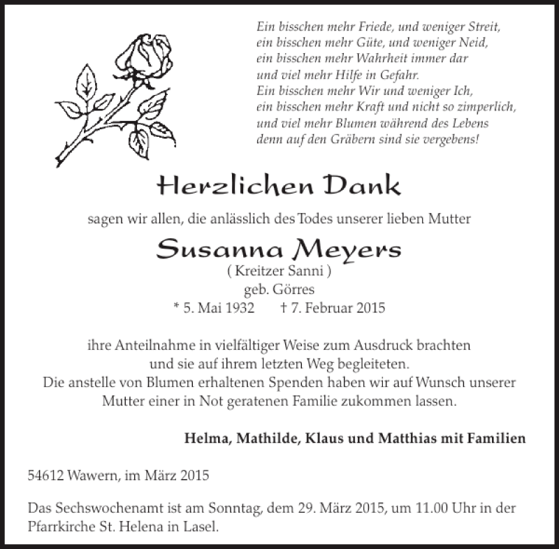  Traueranzeige für Susanna Meyers vom 25.03.2015 aus WochenSpiegel