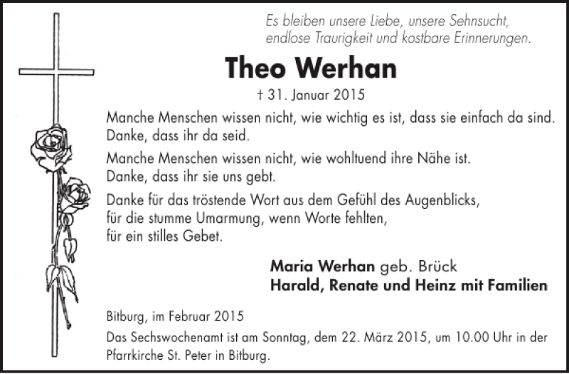  Traueranzeige für Theo Werhan vom 18.03.2015 aus WochenSpiegel