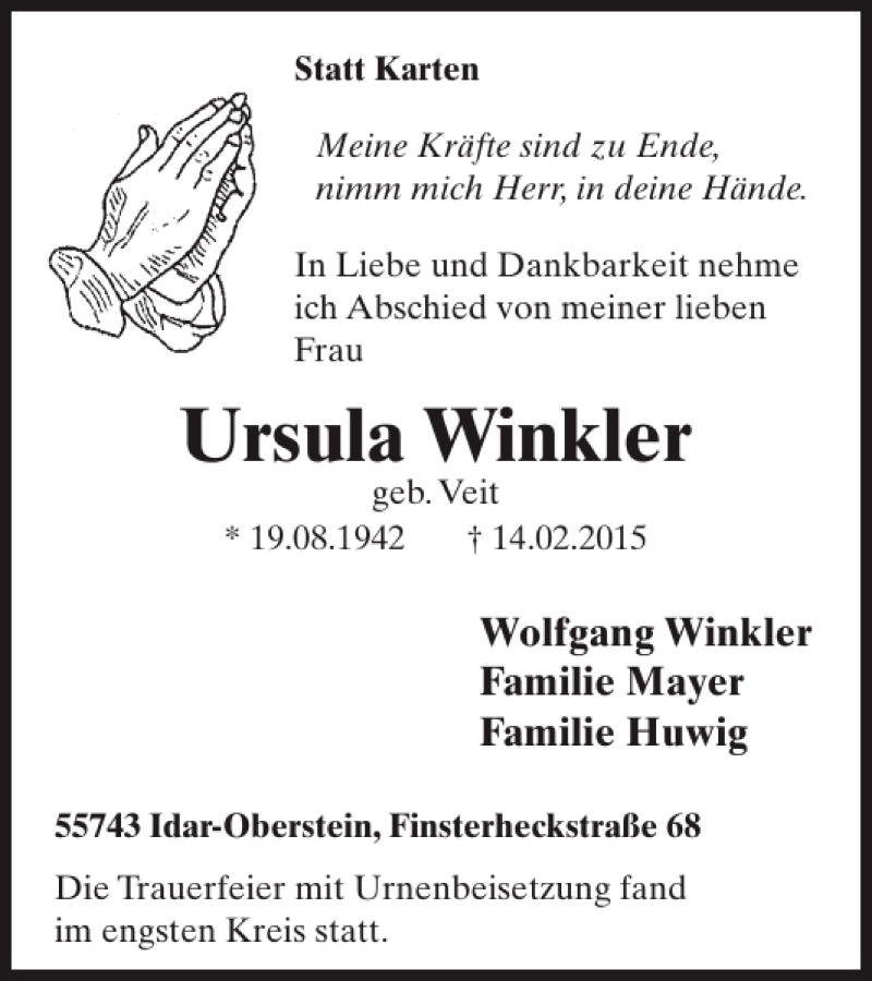  Traueranzeige für Ursula Winkler vom 04.03.2015 aus WochenSpiegel