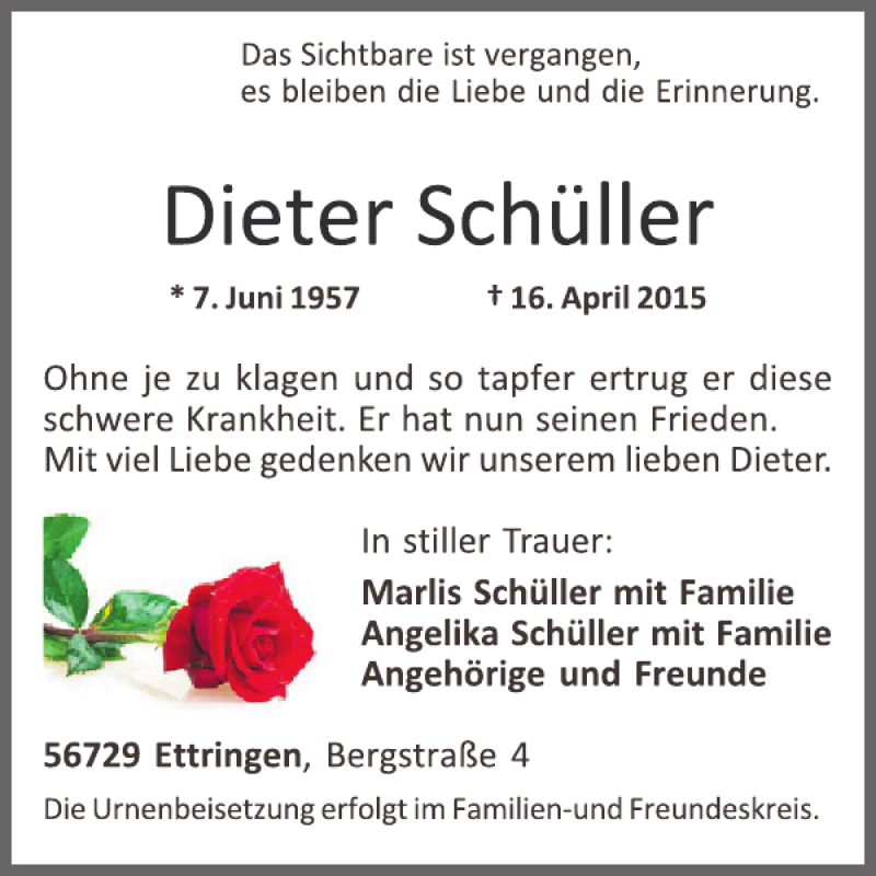  Traueranzeige für Dieter Schüller vom 22.04.2015 aus WochenSpiegel