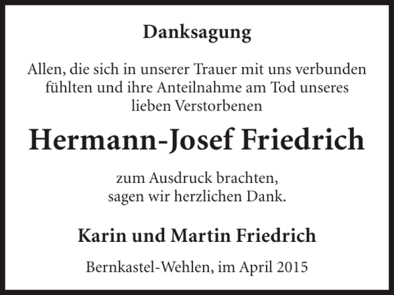  Traueranzeige für Hermann-Josef Friedrich vom 15.04.2015 aus WochenSpiegel