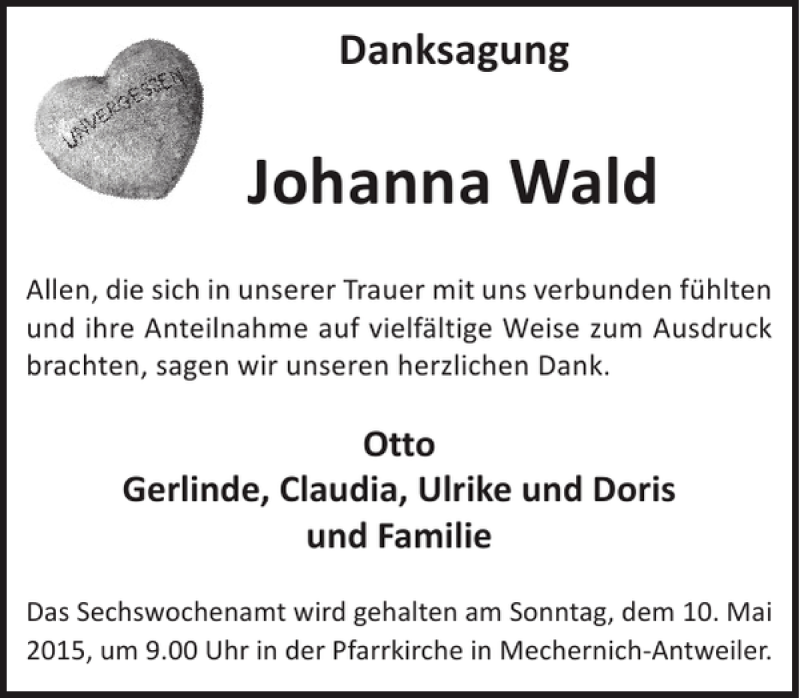  Traueranzeige für Johanna Wald vom 29.04.2015 aus WochenSpiegel