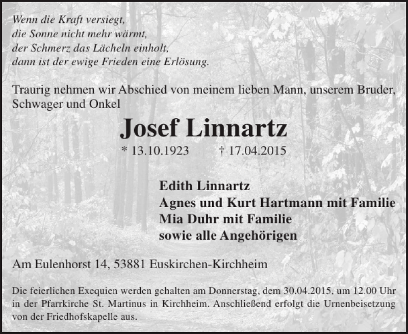  Traueranzeige für Josef Linnartz vom 22.04.2015 aus WochenSpiegel