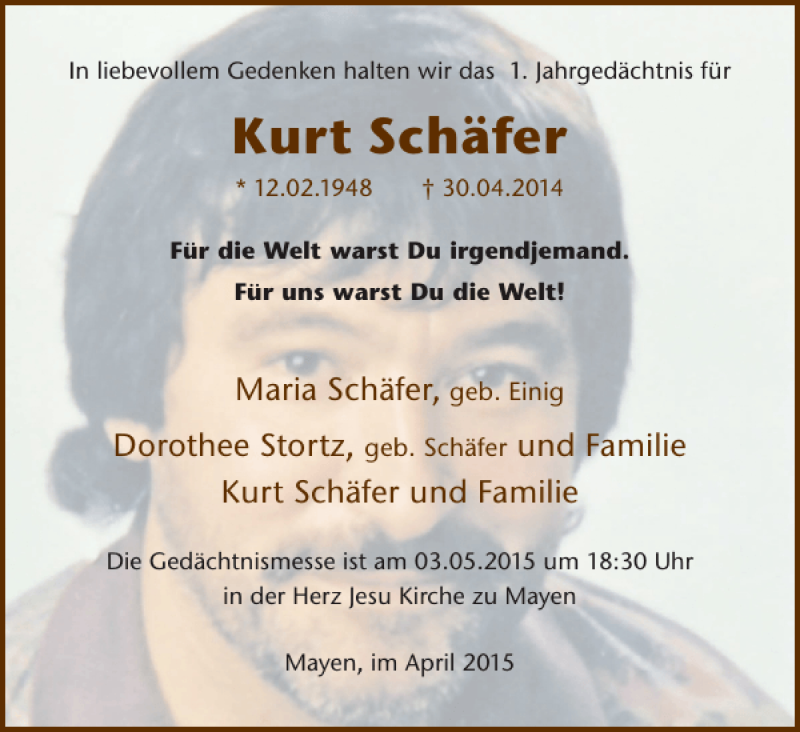  Traueranzeige für Kurt Schäfer vom 29.04.2015 aus WochenSpiegel