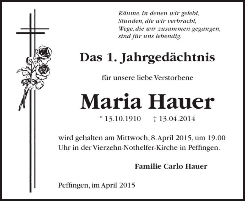  Traueranzeige für Maria Hauer vom 01.04.2015 aus WochenSpiegel