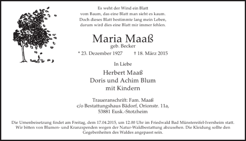  Traueranzeige für Maria Maaß vom 15.04.2015 aus WochenSpiegel
