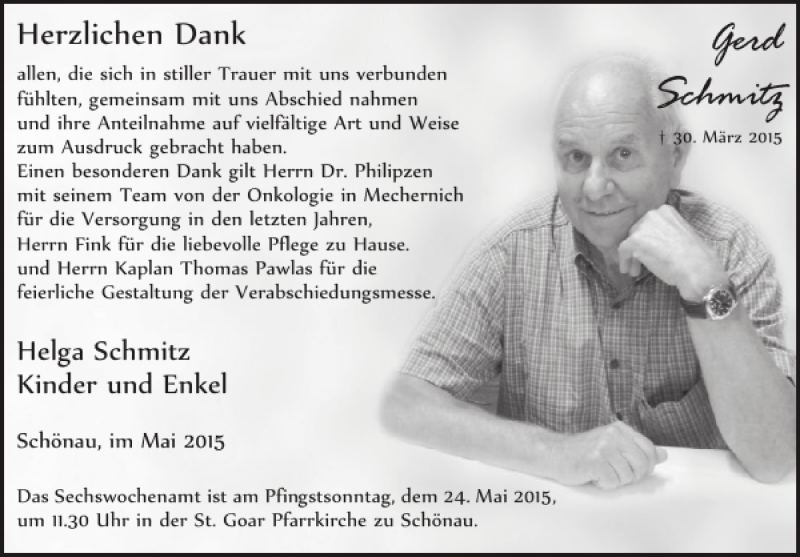  Traueranzeige für Gerd Schmitz vom 13.05.2015 aus WochenSpiegel