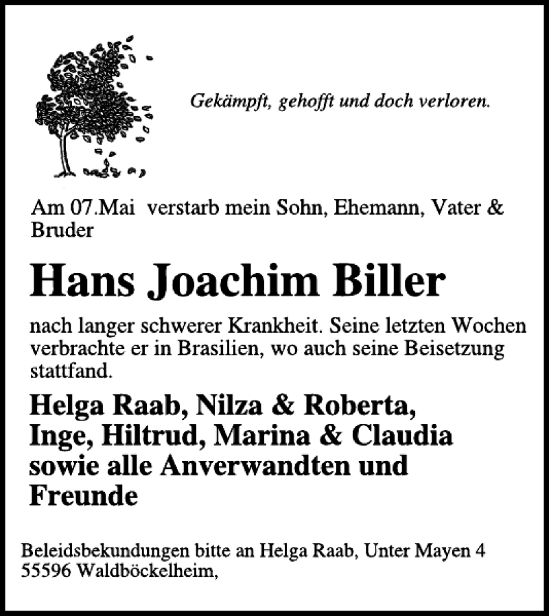  Traueranzeige für Hans Joachim Biller vom 20.05.2015 aus WochenSpiegel