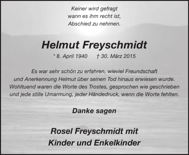  Traueranzeige für Helmut Freyschmidt vom 13.05.2015 aus WochenSpiegel