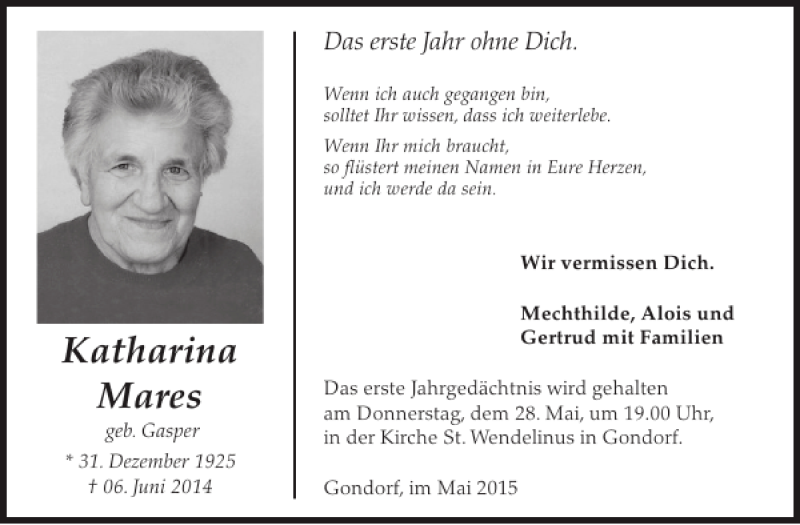  Traueranzeige für Katharina Mares vom 20.05.2015 aus WochenSpiegel