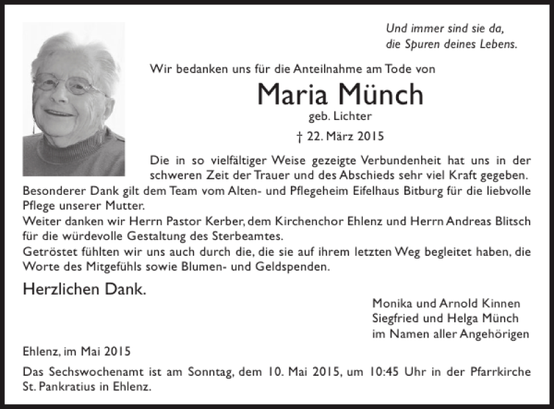  Traueranzeige für Maria Münch vom 06.05.2015 aus WochenSpiegel
