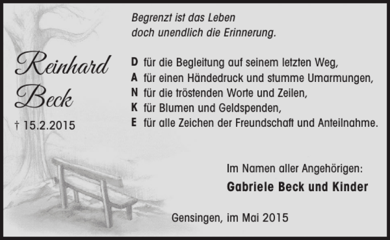  Traueranzeige für Reinhard Beck vom 06.05.2015 aus WochenSpiegel