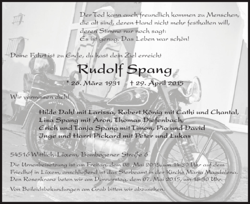  Traueranzeige für Rudolf Spang vom 06.05.2015 aus WochenSpiegel