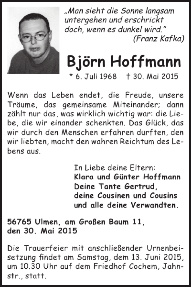  Traueranzeige für Björn Hoffmann vom 10.06.2015 aus WochenSpiegel
