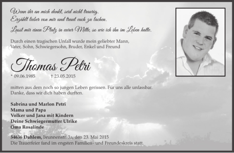  Traueranzeige für Thomas Petri vom 03.06.2015 aus WochenSpiegel