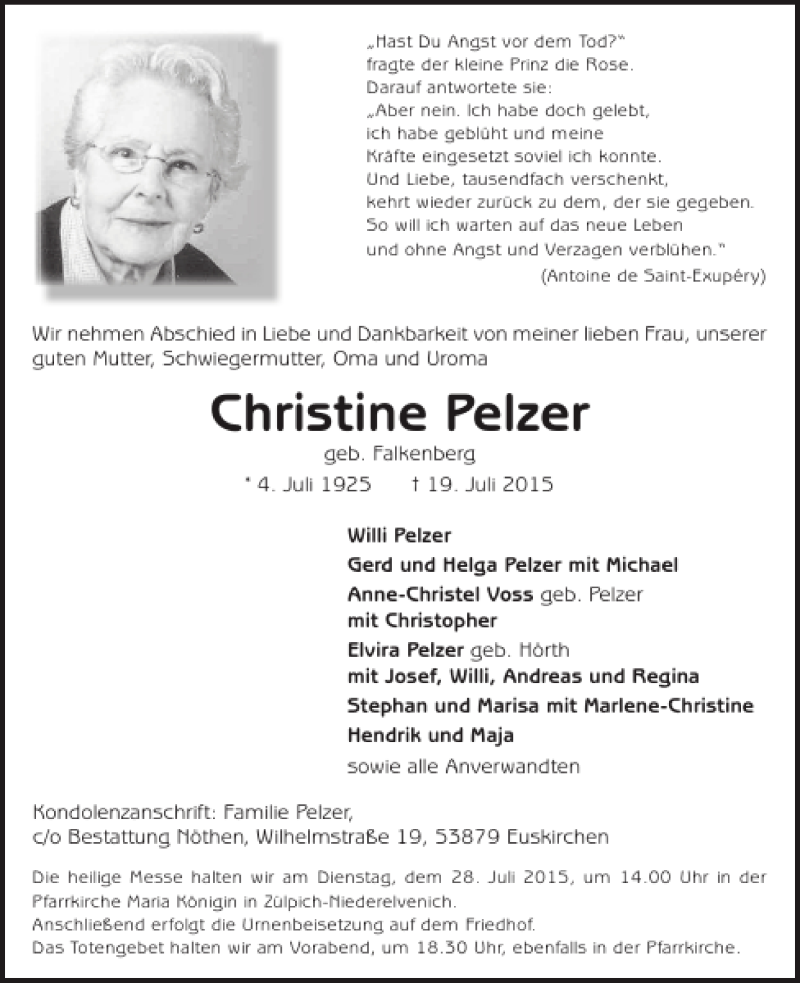  Traueranzeige für Christine Pelzer vom 22.07.2015 aus WochenSpiegel