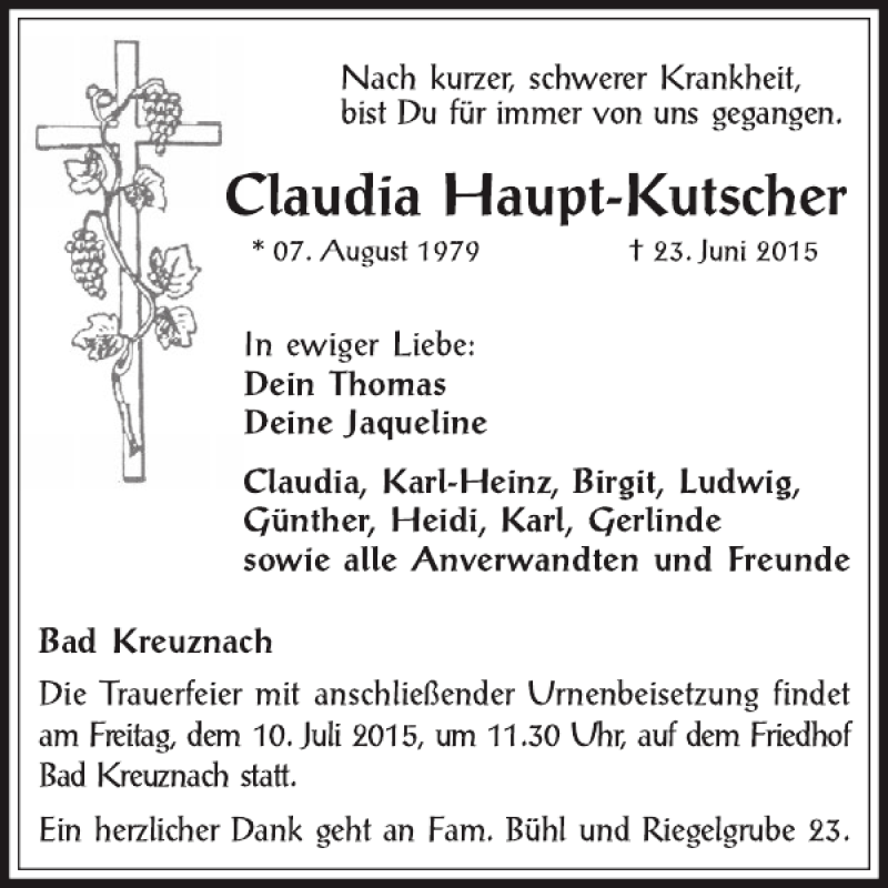  Traueranzeige für Claudia Haupt-Kutscher vom 08.07.2015 aus WochenSpiegel