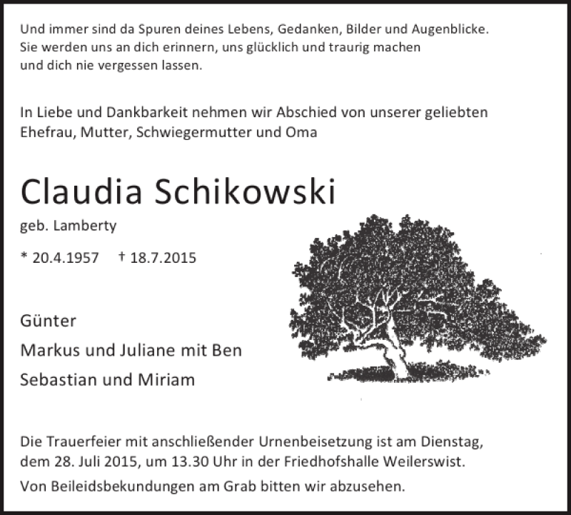  Traueranzeige für Claudia Schikowski vom 22.07.2015 aus WochenSpiegel