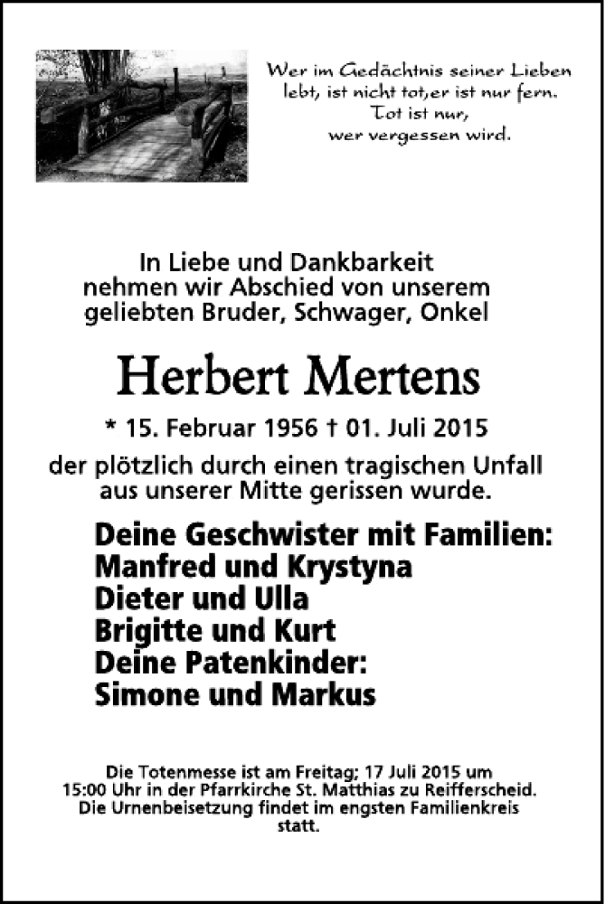  Traueranzeige für Herbert Mertens vom 15.07.2015 aus WochenSpiegel