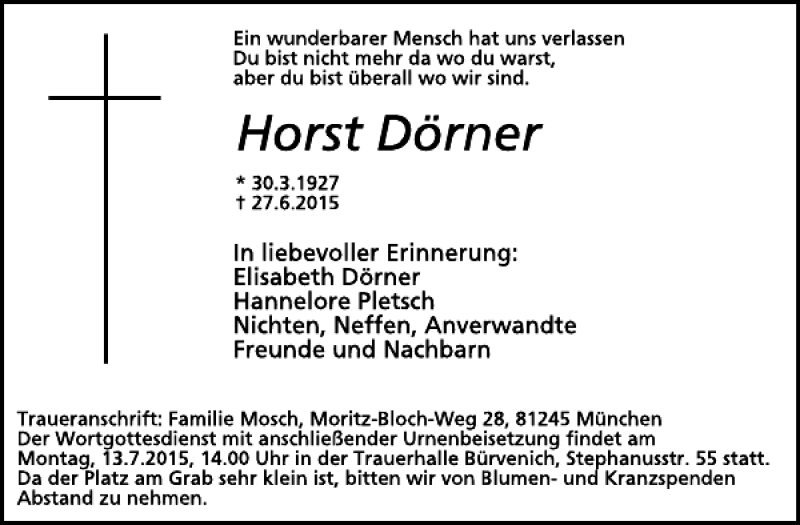  Traueranzeige für Horst Dörner vom 08.07.2015 aus WochenSpiegel