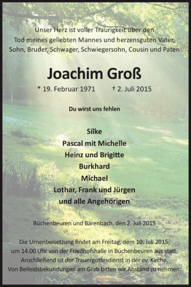  Traueranzeige für Joachim Groß vom 08.07.2015 aus WochenSpiegel