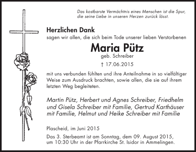  Traueranzeige für Maria Pütz vom 29.07.2015 aus WochenSpiegel