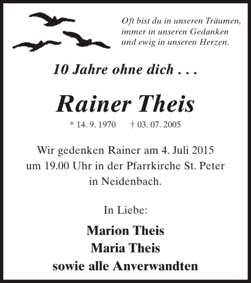  Traueranzeige für Rainer Theis vom 01.07.2015 aus WochenSpiegel