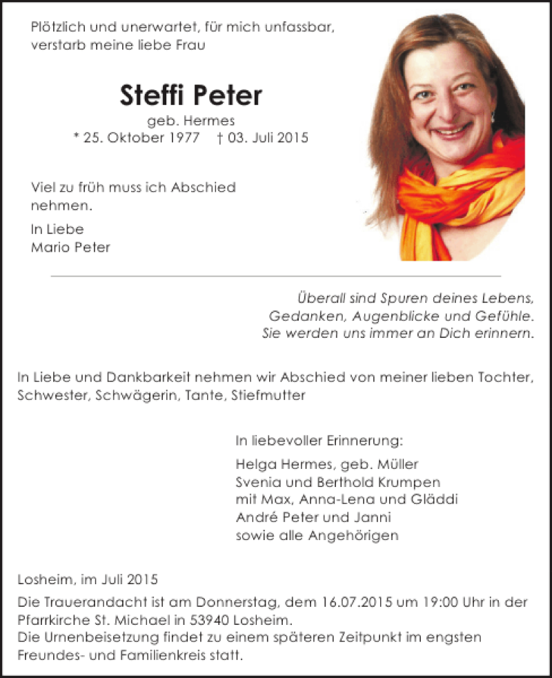  Traueranzeige für Steffi Peter vom 15.07.2015 aus WochenSpiegel