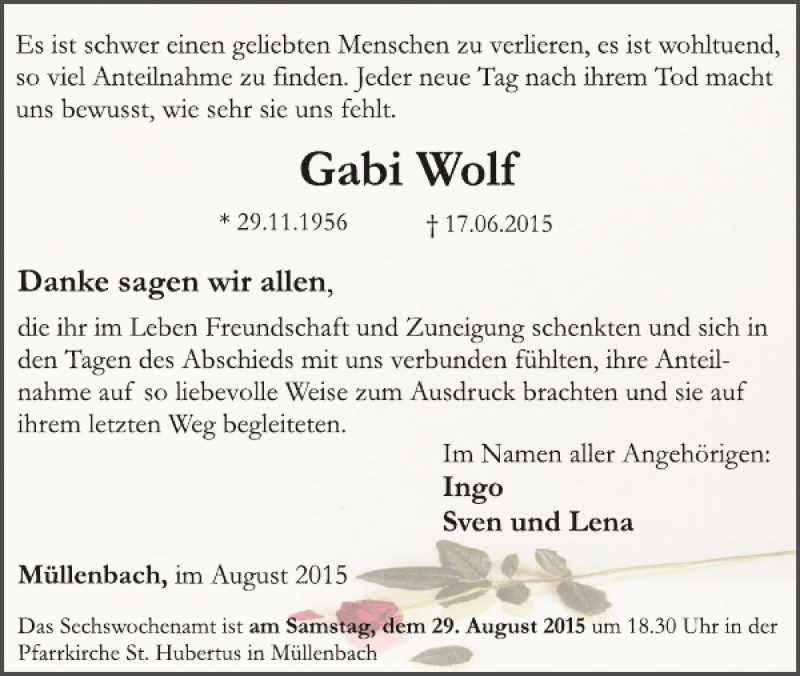  Traueranzeige für Gabi Wolf vom 19.08.2015 aus WochenSpiegel