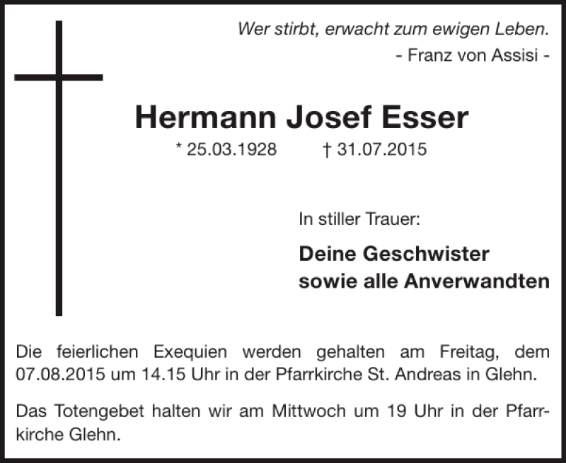  Traueranzeige für Hermann Josef Esser vom 05.08.2015 aus WochenSpiegel