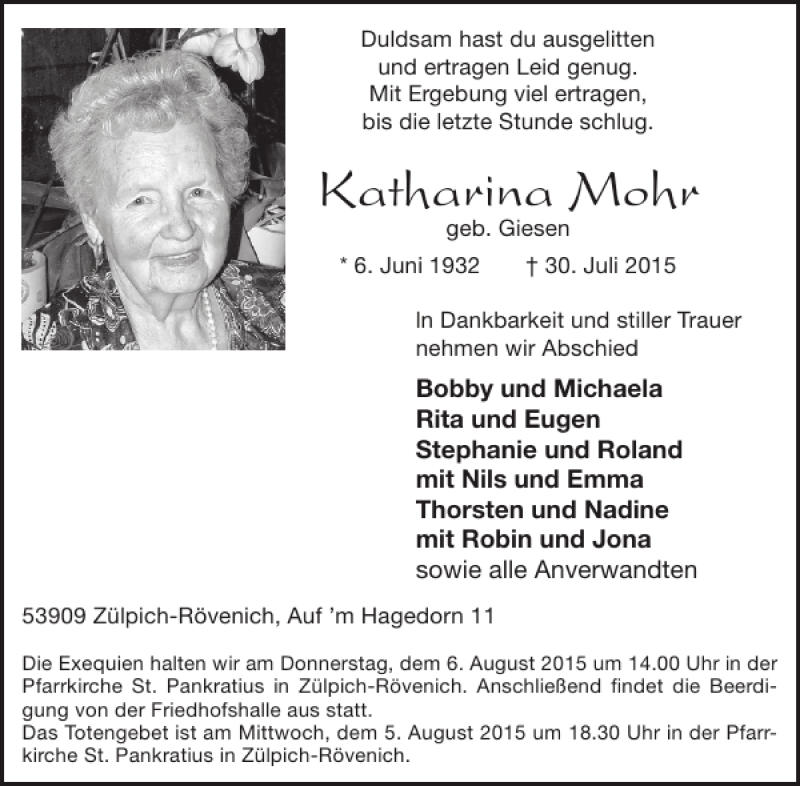  Traueranzeige für Katharina Mohr vom 05.08.2015 aus WochenSpiegel