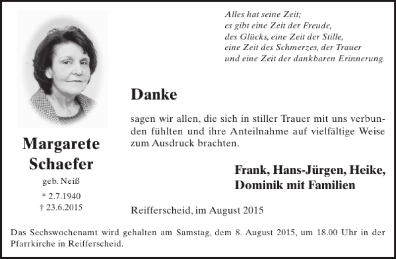  Traueranzeige für Margarete Schaefer vom 05.08.2015 aus WochenSpiegel