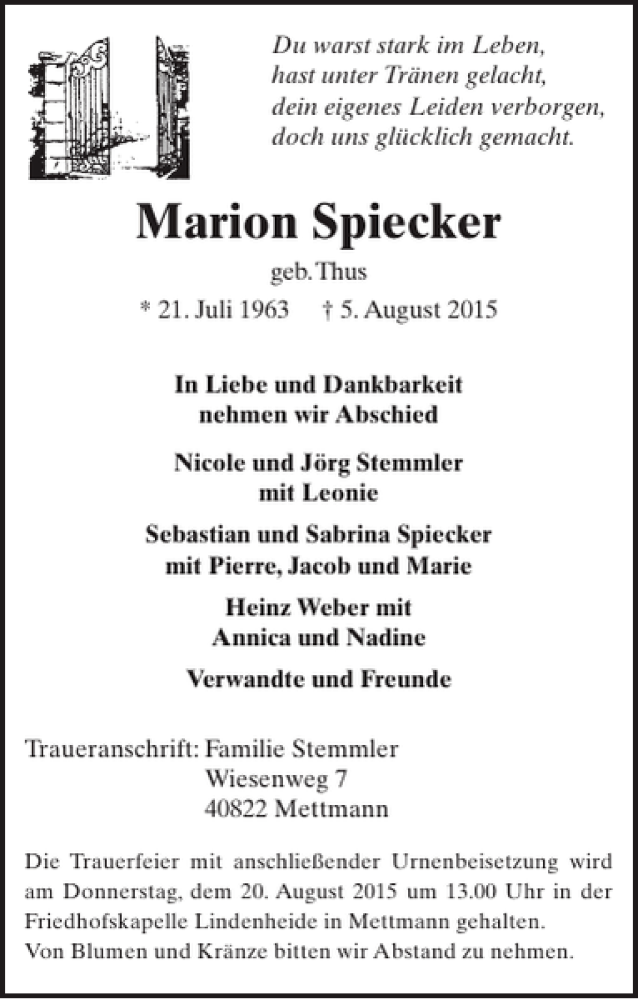  Traueranzeige für Marion Spiecker vom 12.08.2015 aus WochenSpiegel