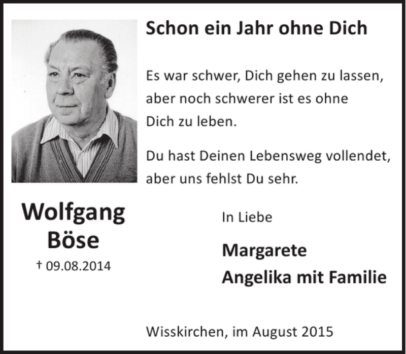  Traueranzeige für Wolfgang Böse vom 05.08.2015 aus WochenSpiegel